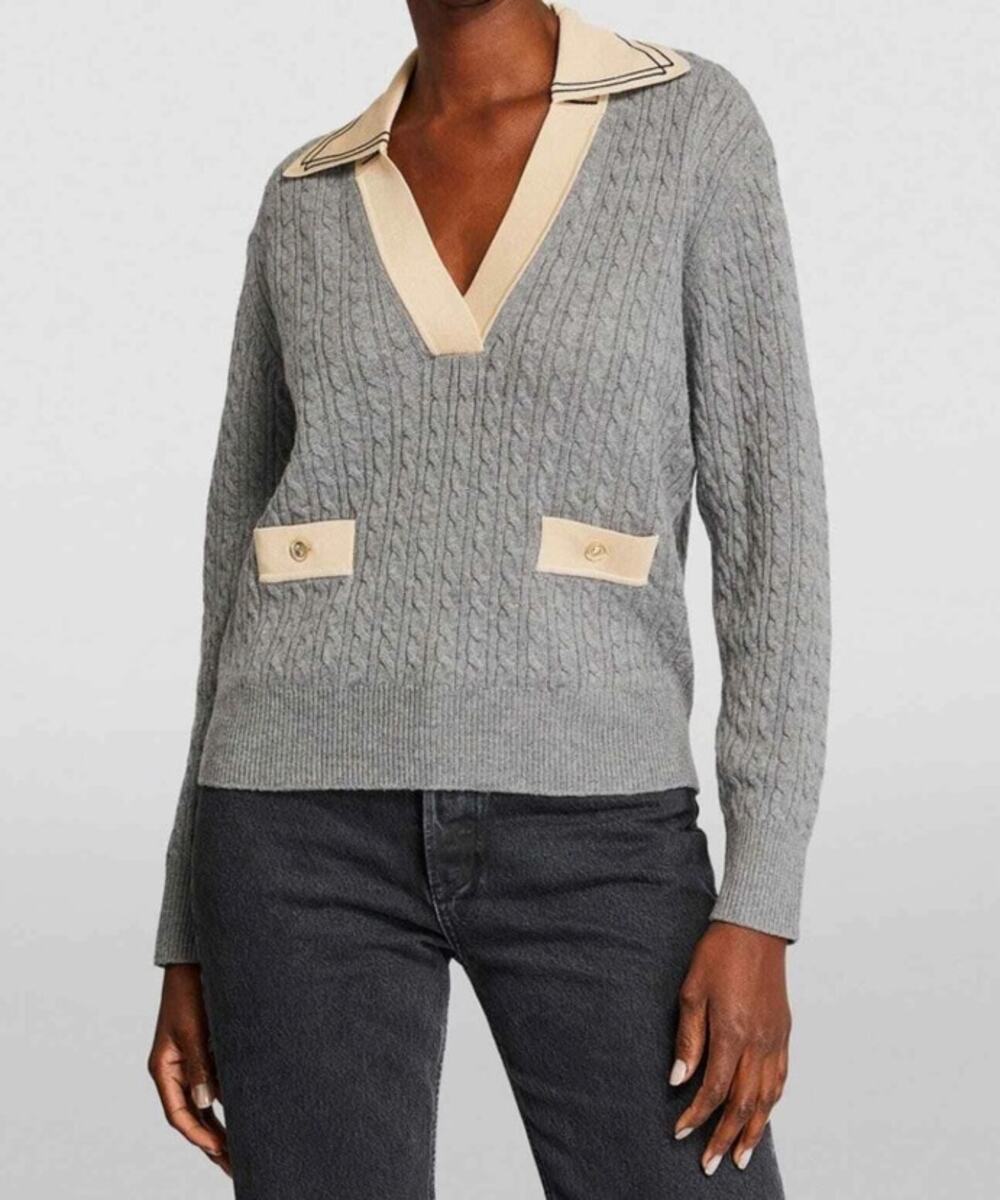 Sandro Nea Cable Knit Sweater Gray and Tan Collared Long Sleeve Women's 1/US S
